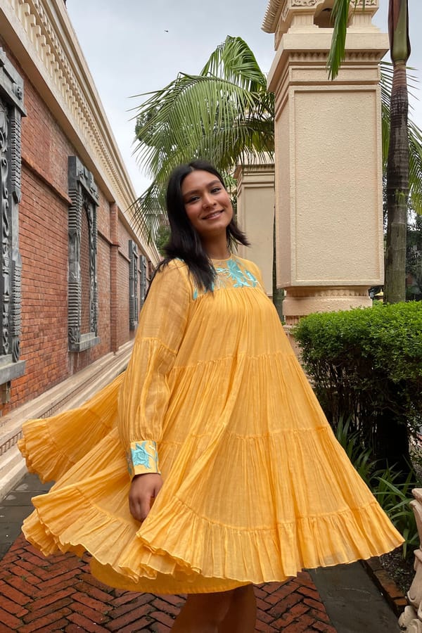 Yellow Tiered Mini Dress with Embroidered Yoke — Madder Much