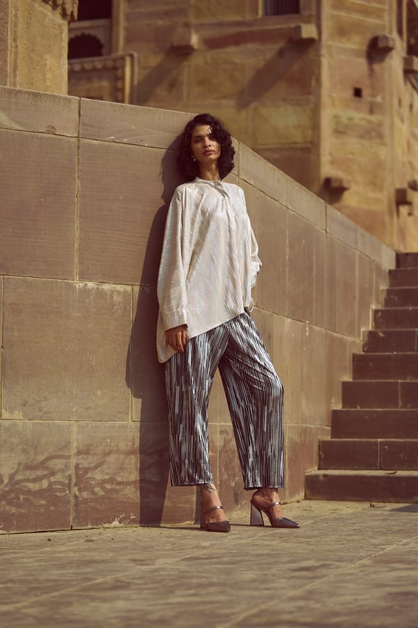 Black and Silver Foil Pleated Wide-Leg Trousers — Dash and Dot