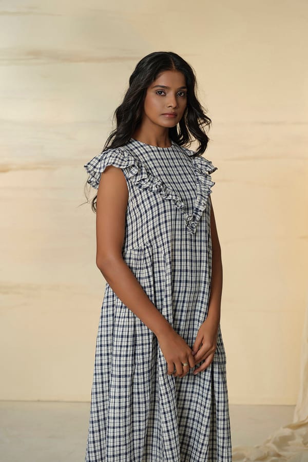 Blue and Off-White Checked Kala Cotton Ruffle Midi Dress — ALTER NATIVE