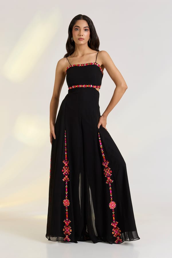 Black Georgette Wide-Leg Jumpsuit with Embroidery — EWOKE STUDIO