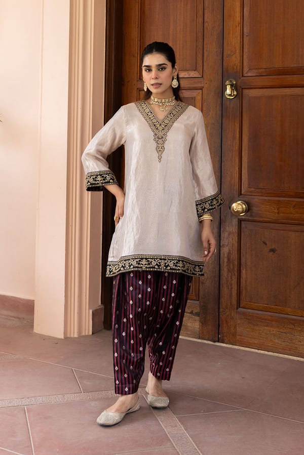 Champagne Tissue Kurta Set with Embroidered Yoke — INCHING INDIA