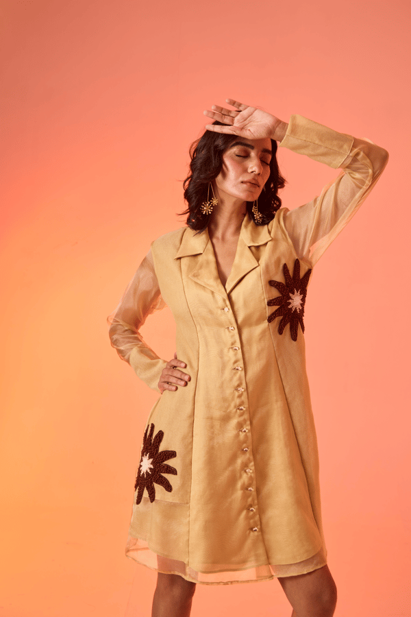 Mustard Organza Shirt Dress with Patchwork Embroidery — An'era by Asmita Verma