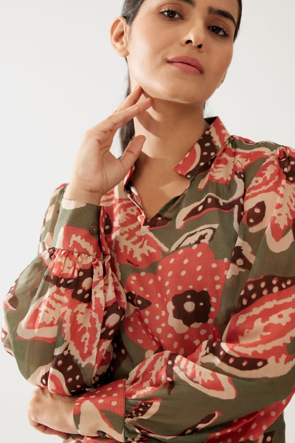 Green Beige And Pink Floral Top — KoAi