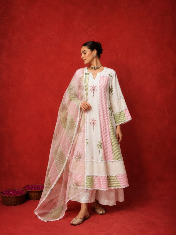 Naseebo Aabha Floral Block Printed Anarkali Kurta Set — Naseebo