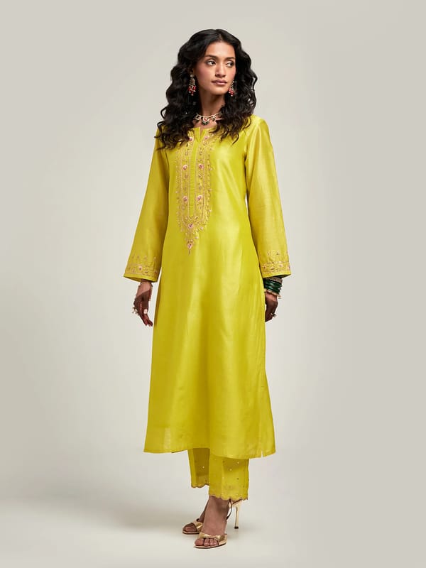 Lime Silk Chanderi Embroidered Straight Kurta Set — Anantaa