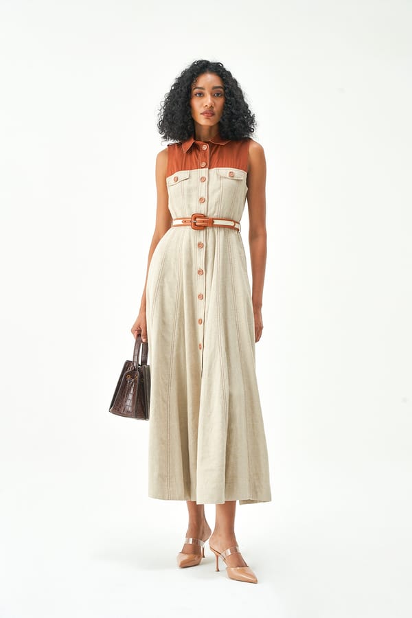 Terracotta Beige Linen Belted Midi Shirt Dress — NOTEBOOK