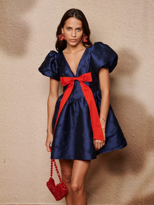 Navy Blue Fit and Flare Mini Dress with Red Bow — SISTER JANE