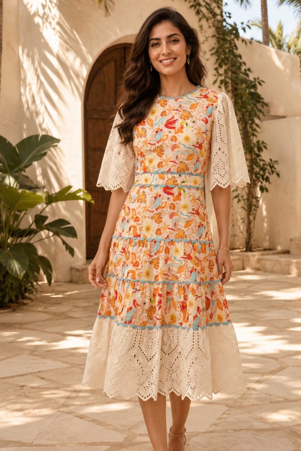 Floral Tiered Cotton Midi Dress with Cutwork Lace Sleeves — BOHO-CHIC