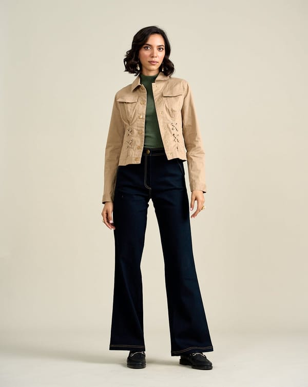 Beige Cropped Button-Front Cotton Jacket — Style Island