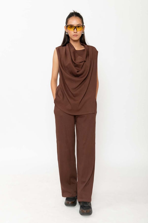 Brown Cowl Neck Sleeveless Longline Top — Contemponari