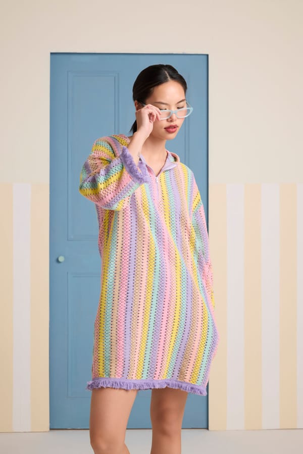 Multicolor Crochet Hoodie Mini Dress with Fringe Trim — Muvazo