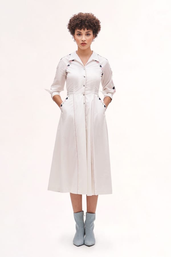 White Cotton Fit and Flare Midi Shirt Dress with Applique — Our Love