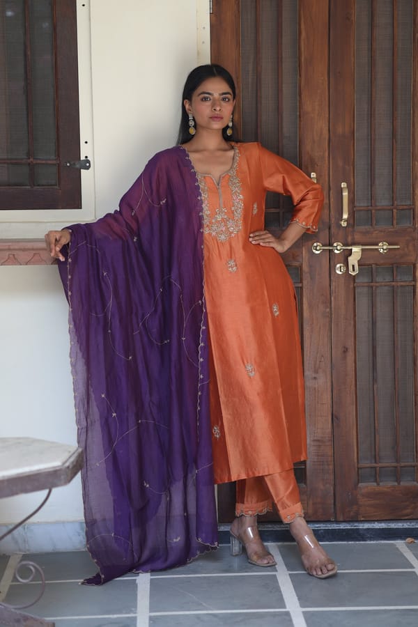 Rust Orange Zardozi Yoke Chanderi Silk Kurta Set — Tatwa Designs