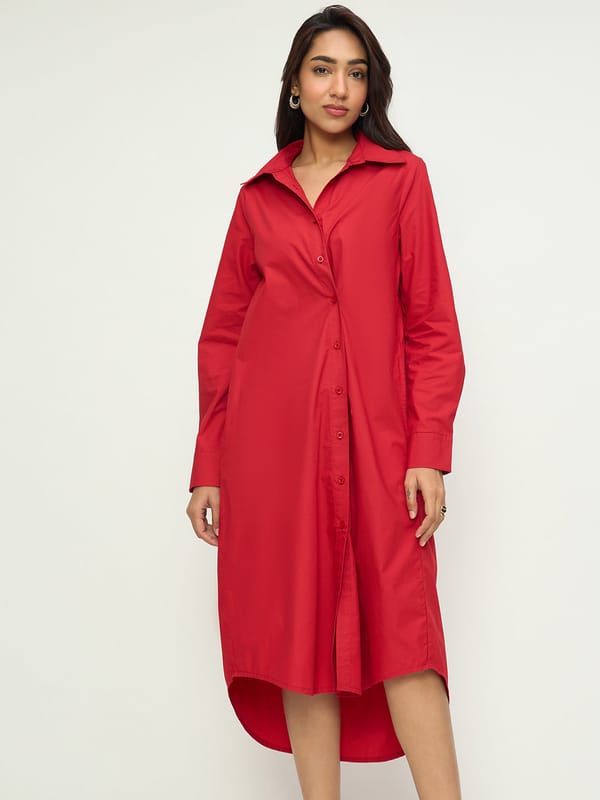 CrispCotton Red Asymmetrical Shirt Midi Dress — Femmella