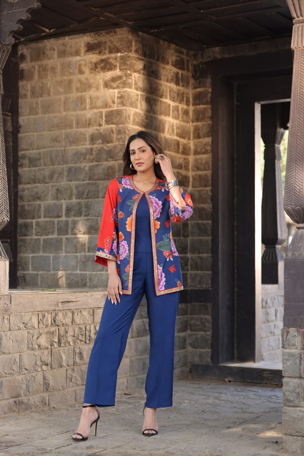 Mirror Beaded Co-Ord Set Blue Red — Kahani Lush