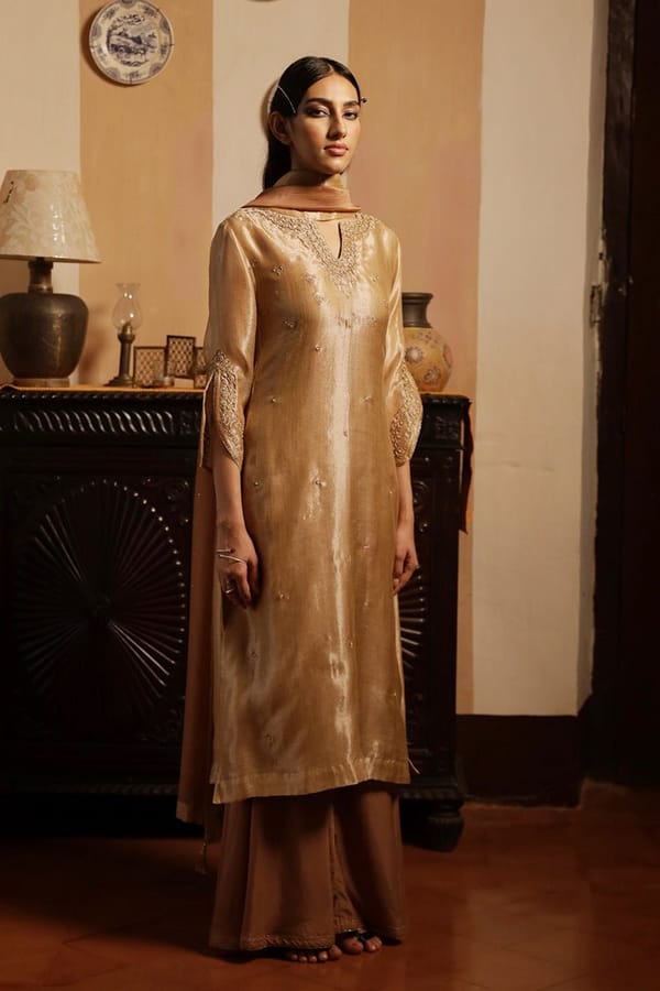 Rugby Tan Tissue Silk Kurta Set with Zari Embroidery — Ganga Fashions Pvt Ltd