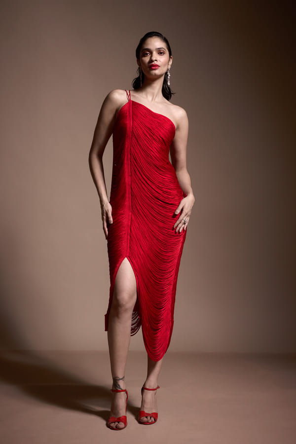 Red One-Shoulder Fringe Midi Dress — Dash and Dot