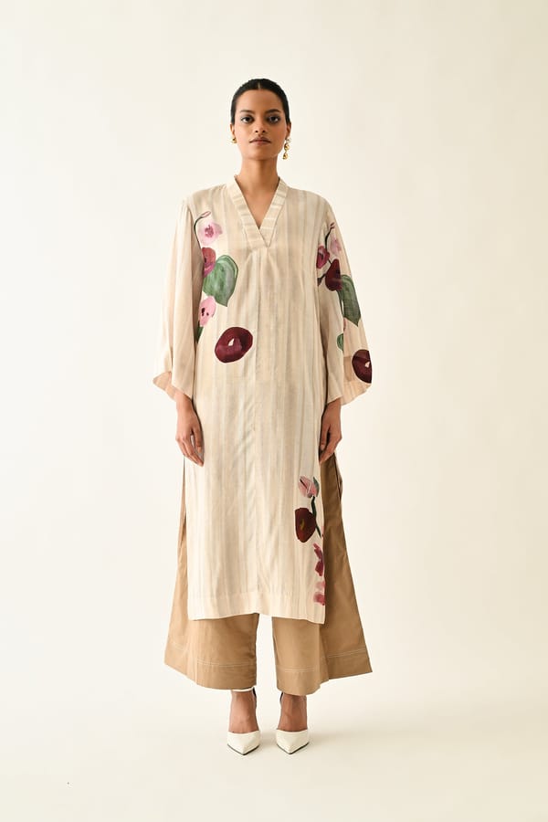 Off White Cotton Abstract Printed V-Neck Anti-Fit Kurta — Ofrida