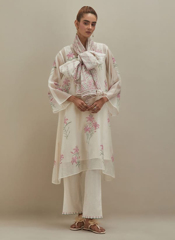 Off White Chanderi Kurta & Pant Lily Print Pants — Upavita