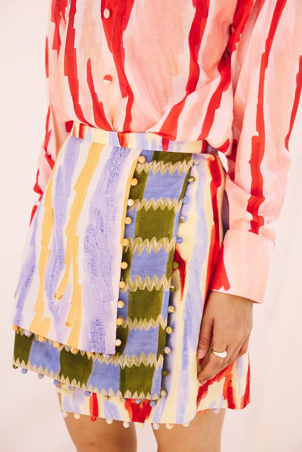 Multicolor Wrap Mini Skirt with Layered Flap — Zip by Payal Zinal