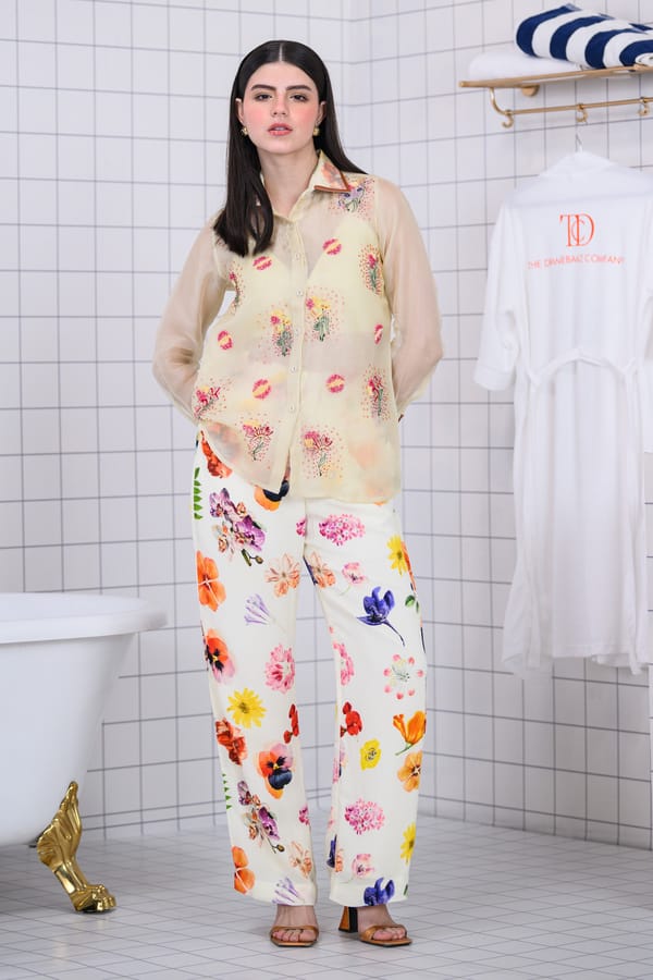 Off White Organza Shirt and Floral Wide-Leg Pants Co-ord Set — The Dramebaaz Company