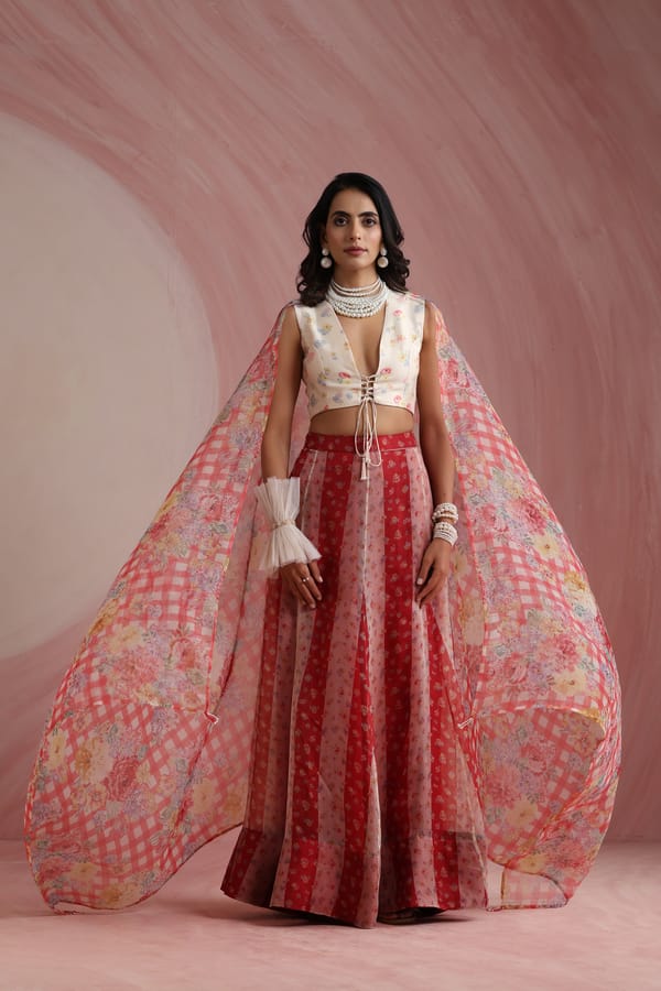 Crimson Organza Printed Lehenga Set with Tie-Up Blouse — Moh India