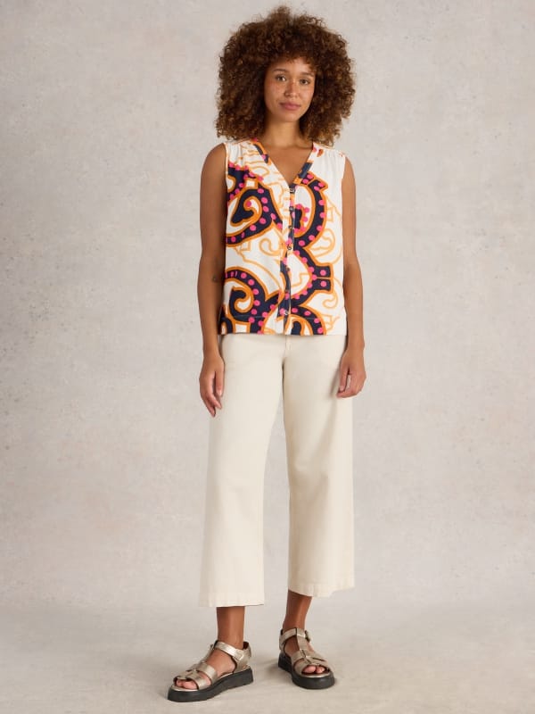 Ivory Abstract Printed Sleeveless Button-Through V-Neck Top — White Stuff