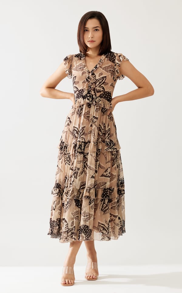 Cream And Dark Brown Floral Midi Dress — KoAi