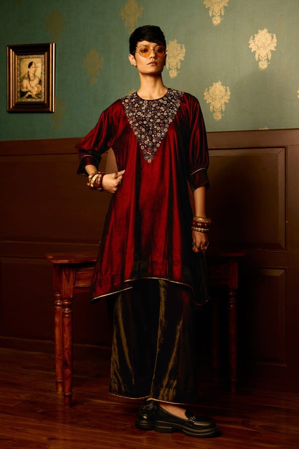 Maroon Velvet A-Line Kurta and Palazzo Set — Reeti Arneja