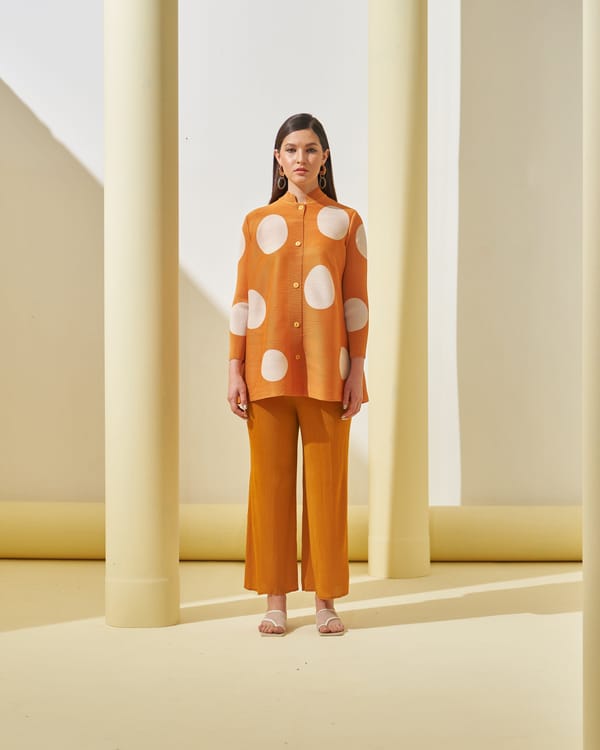 Orange Polka Dot Pleated Co-ord Set with Culotte Pants — Pleats by Aruni