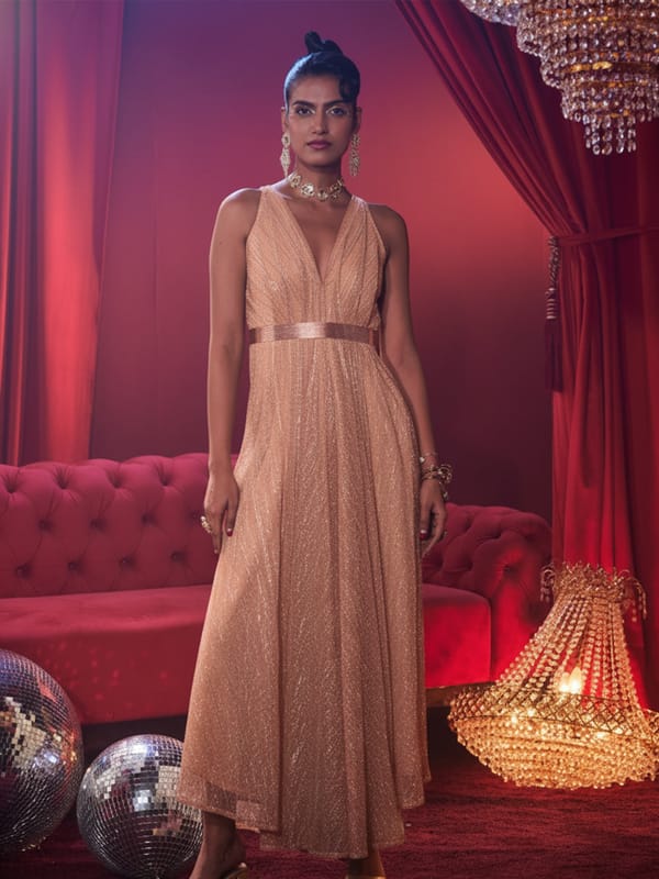 Pink Metallic Pleated Wide-Leg Maxi Jumpsuit — HOUSE OF FETT