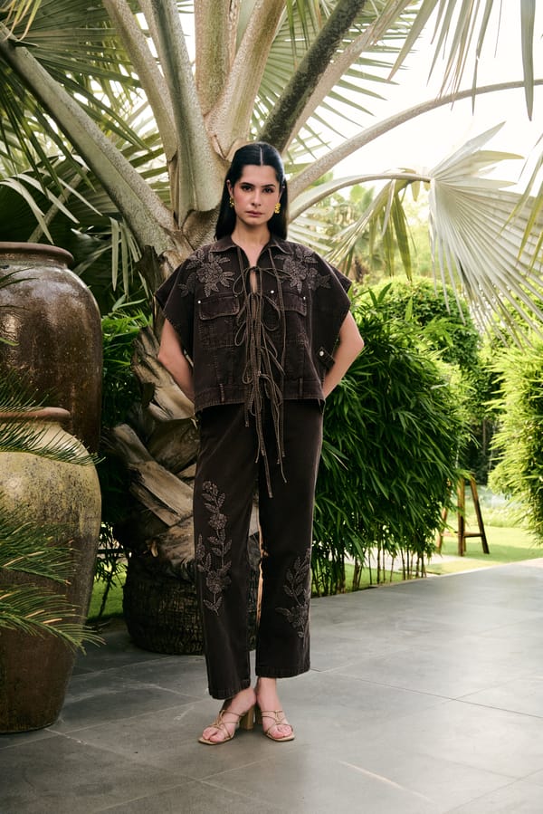 Brown Denim Embroidered Co-ord Set with Tie-Up Top — KAY KAY