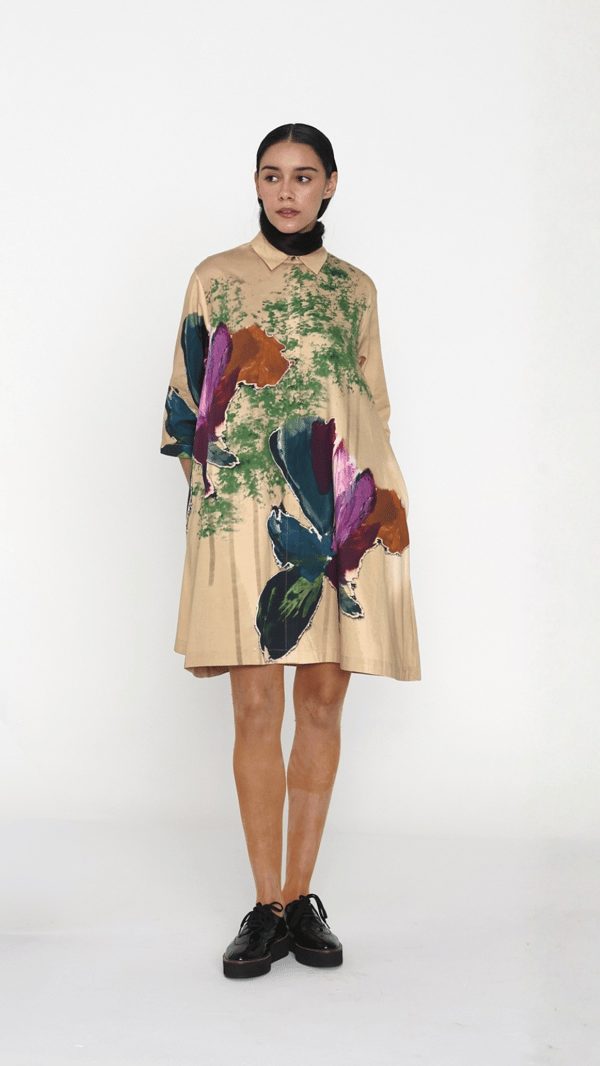 Beige Multicolor Oversized Floral A-Line Shirt Dress — ART LOV AFFAIR
