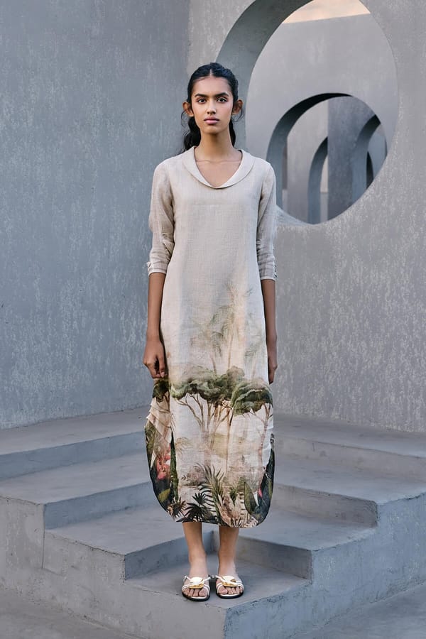 Jungle Print Gauze Linen Relaxed Midi Dress — YELL