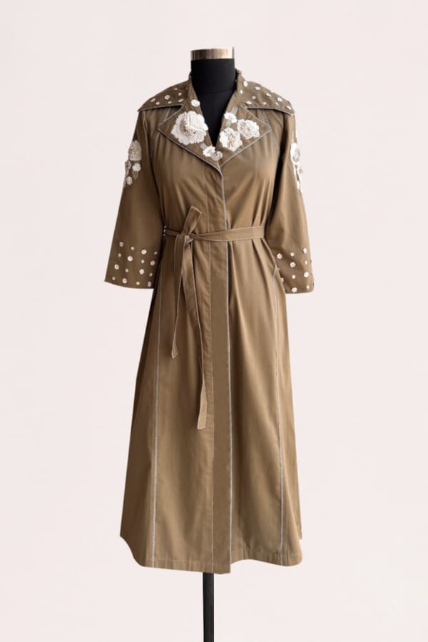 Mushroom Beige Belted Trench Coat with Floral Embellishment — Our Love