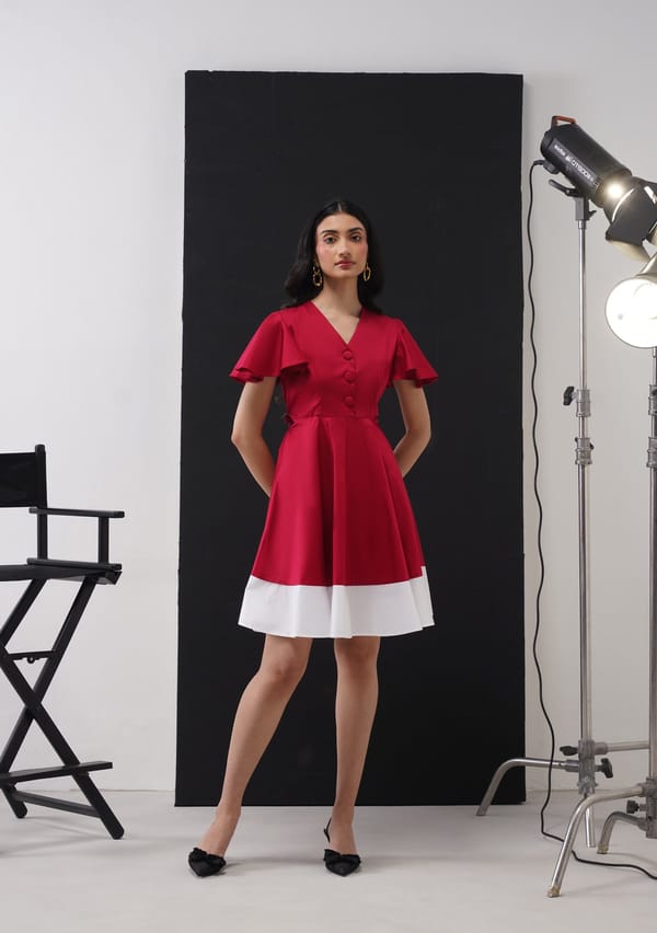 Cherry Red Fit and Flare Mini Dress with Contrast Hem — AMOSHI