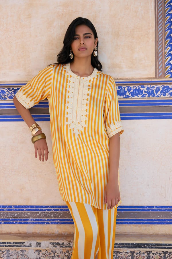 Embroidered Striped Longline Top & Striped Pant Set — Dash and Dot