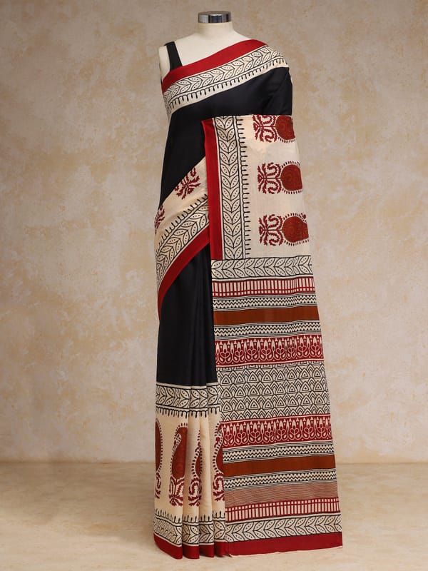 Black Cream Kalamkari Style Block Cotton Saree — BINKS