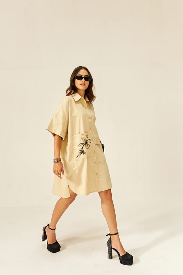 Beige Oversized Button-Down Mini Shirt Dress — Spacelines