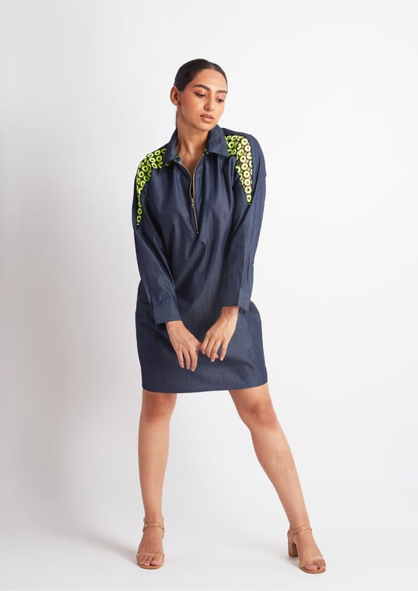 Denim One Piece Dress with Cutwork Embroidery — Richa Goenka
