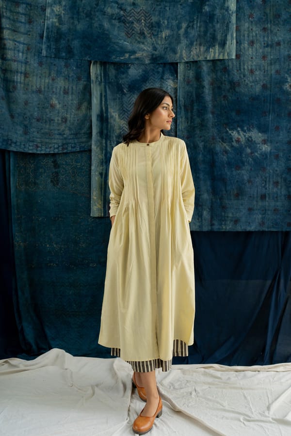 Natural White Cotton Pintuck A-Line Kurta with Pockets — Vraj Bhoomi