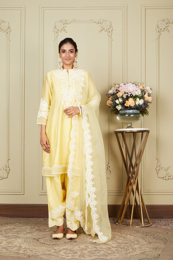 Lemon Yellow A-Line Embroidered Kurta Set with Dupatta — Sheetal Batra