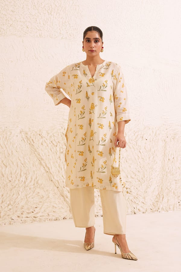 Ivory Chanderi Floral Block Print Kurta Set — Dressfolk