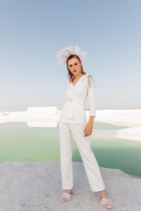 Ivory Embellished Peplum Top and Straight Pants Co-ord Set — Label IRIS
