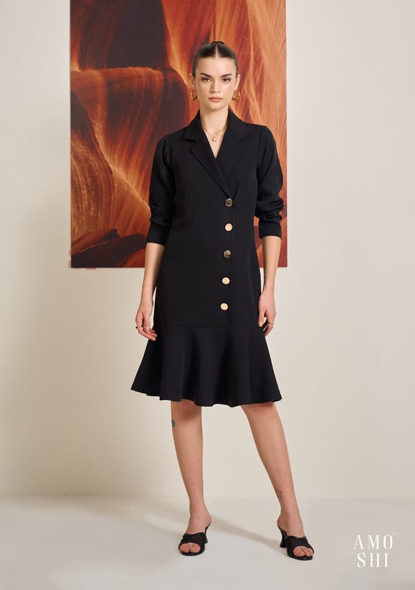 Black Blazer-Style Midi Dress with Metallic Buttons — AMOSHI