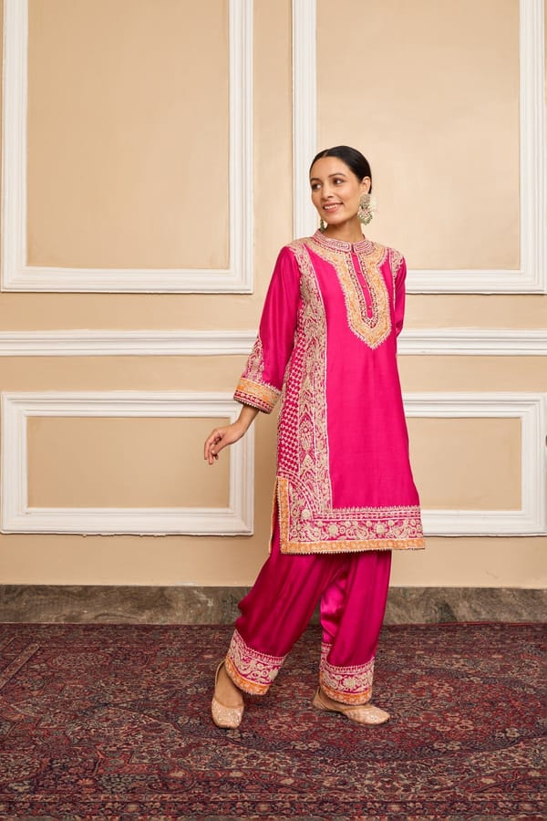 Hot Pink Embroidered Short Kurta Set with Salwar and Dupatta — Sheetal Batra