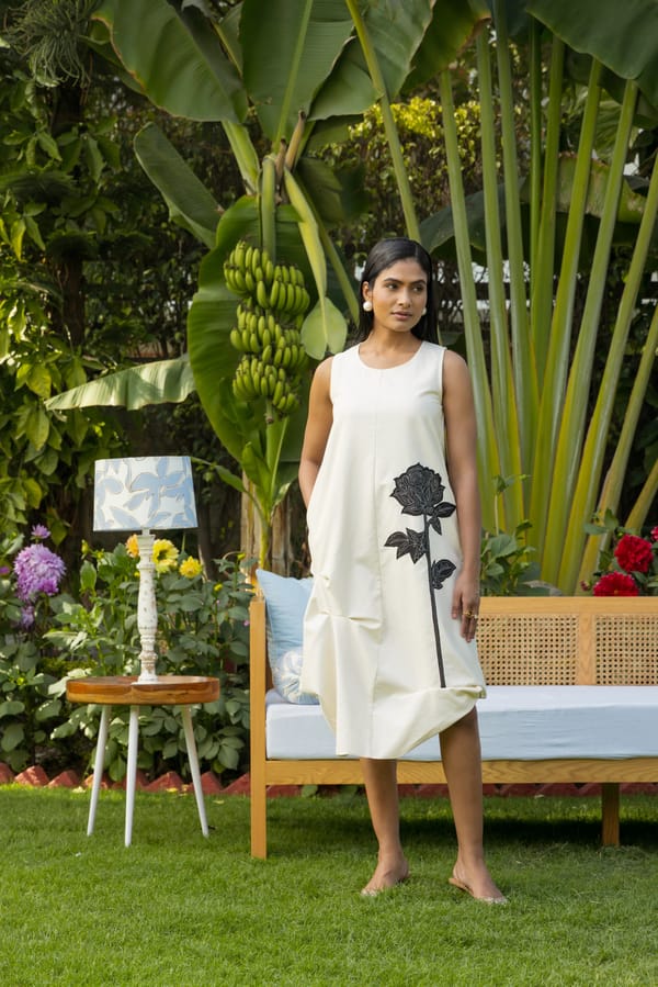 Ivory Sleeveless Midi Dress with Floral Applique — Eko Clothing