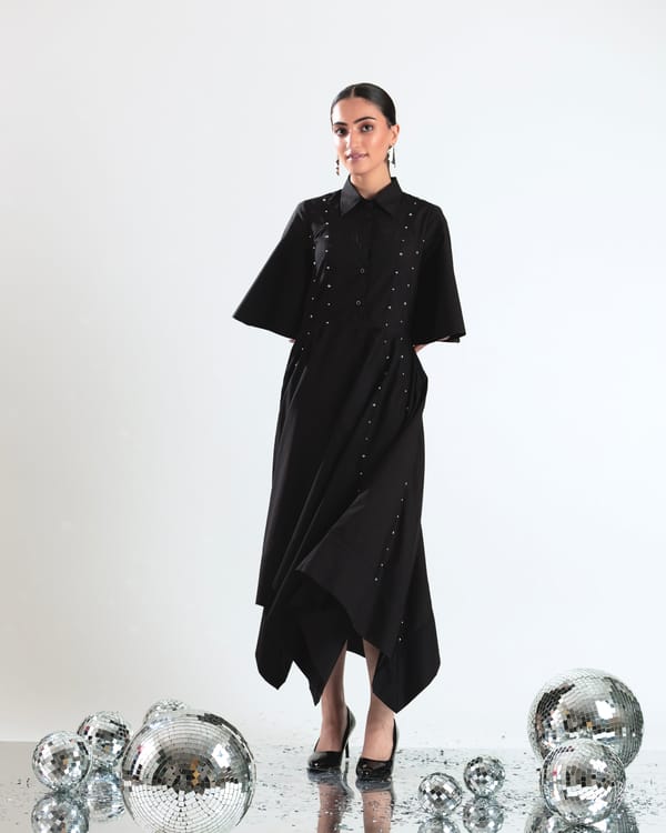 Black Studded Shirt Dress with Asymmetric Hem — Ang-sa