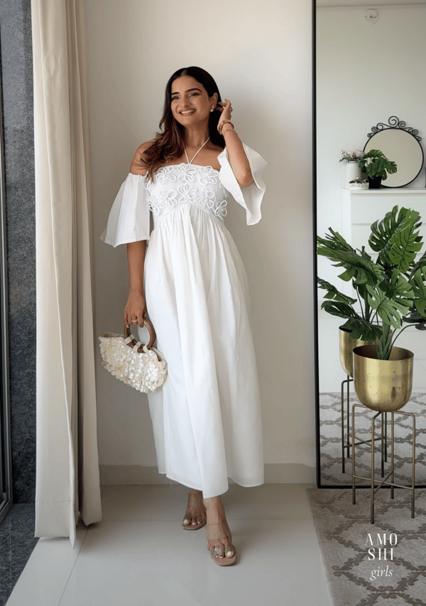 White Fit and Flare Midi Dress with Detachable Sleeves — AMOSHI