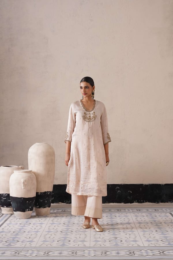 Dutch Ivory Straight Kurta Set with Zardozi Work — SHREYASH JAIN
